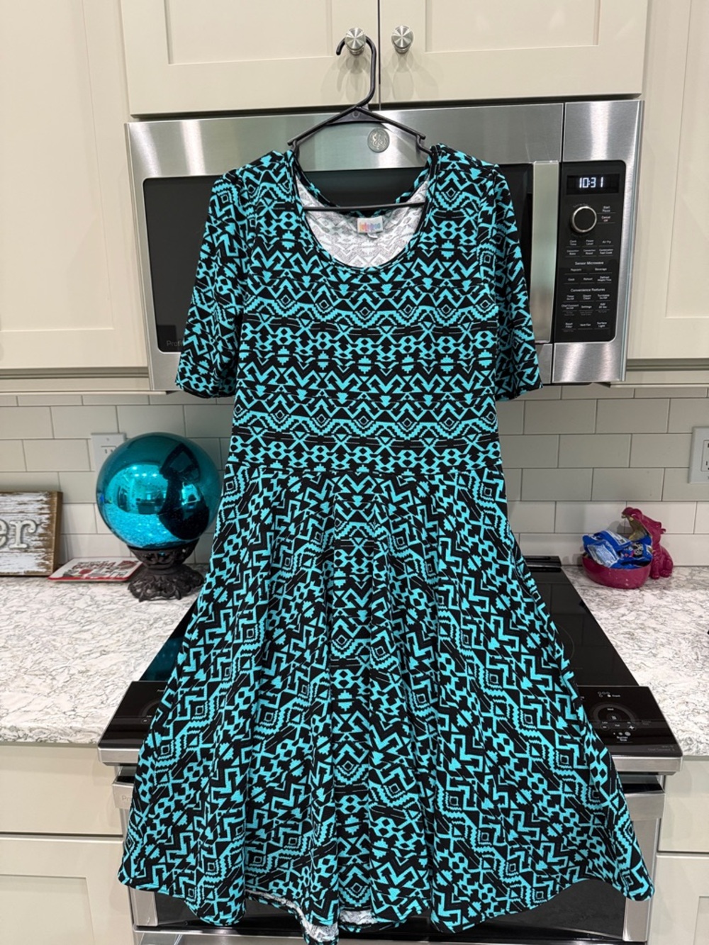 LuLaRoe Black and Teal Geometric Midi Dress